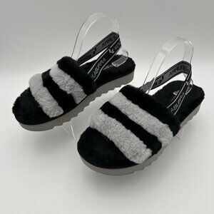 KOOLABURRA UGG Fuzz’n II Women’s Faux Fur Slide Slippers Black Gray Stripe Sz 10